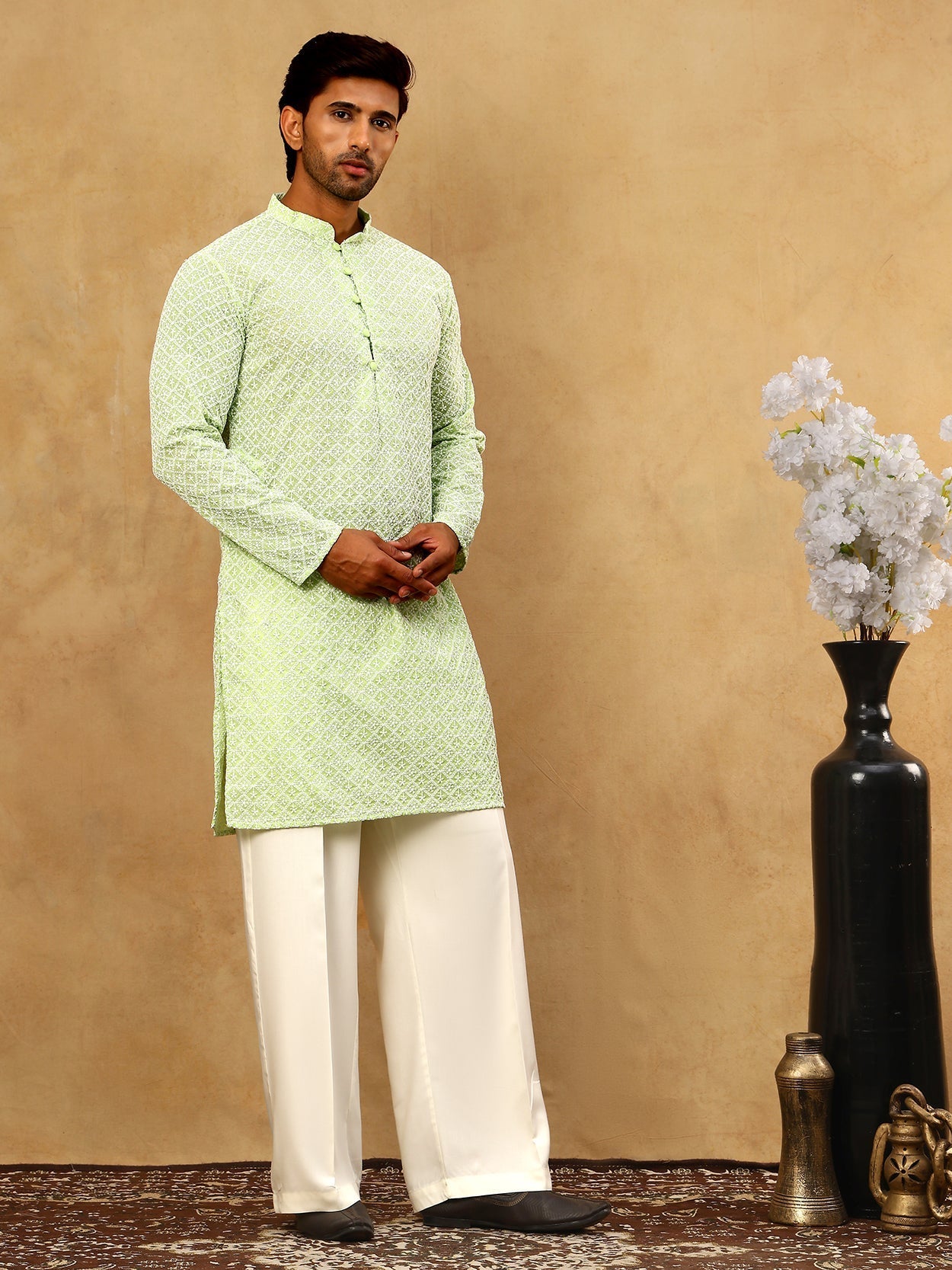 DesiQlo Men Embroidered Kurta Pyjama Set - Green - JOKP_PJ11W_626Green