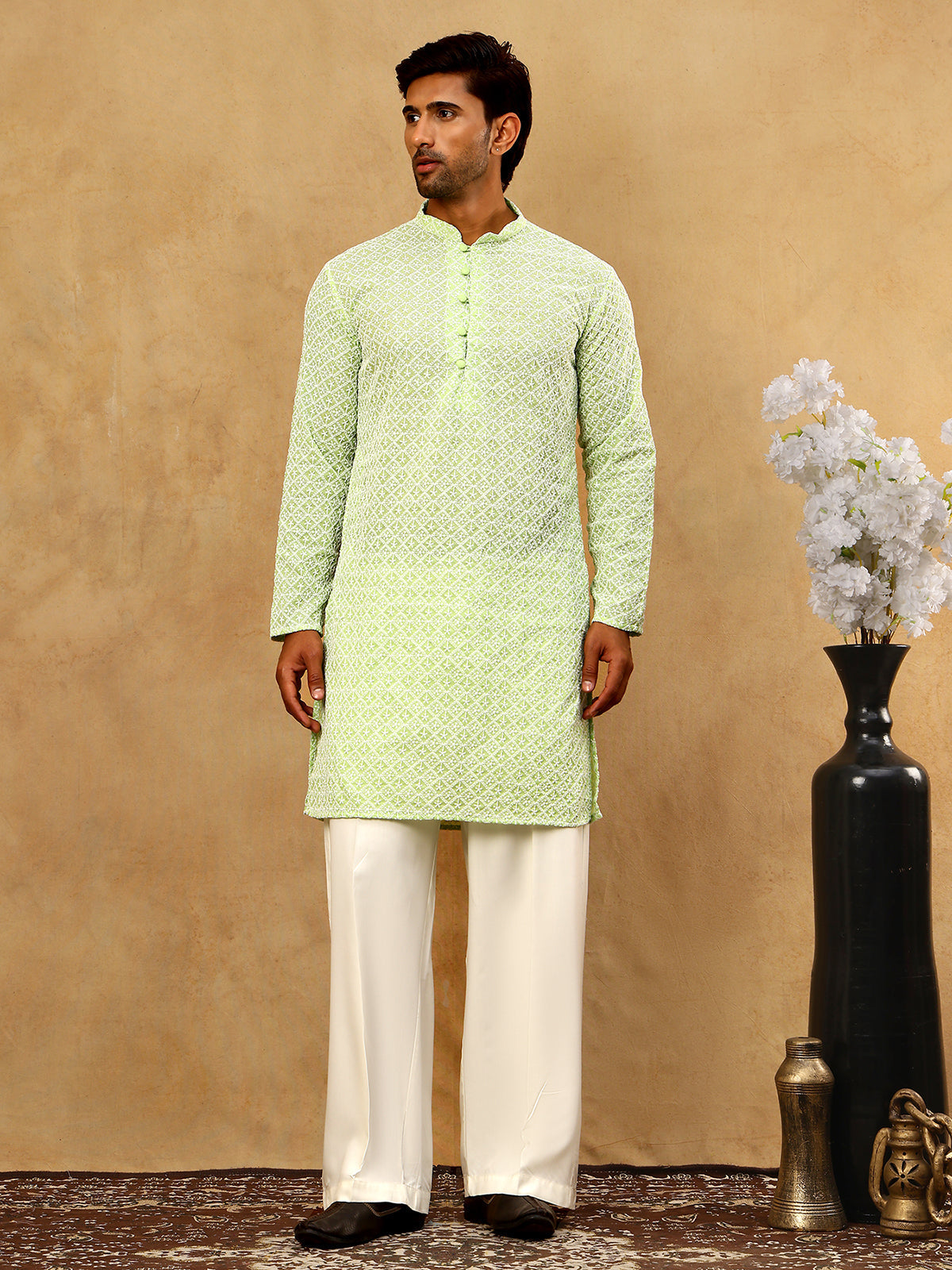DesiQlo Men Embroidered Kurta Pyjama Set - Green - JOKP_PJ11W_626Green