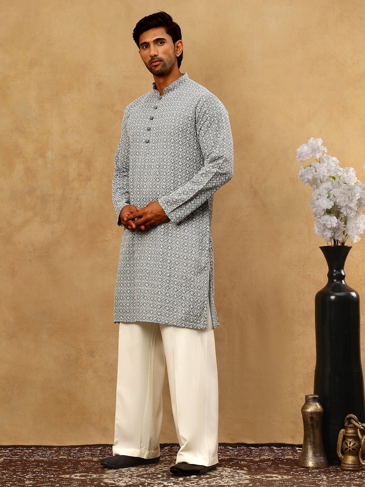 DesiQlo Men Embroidered Kurta Pyjama Set - Grey - JOKP_PJ11W_626Grey_S
