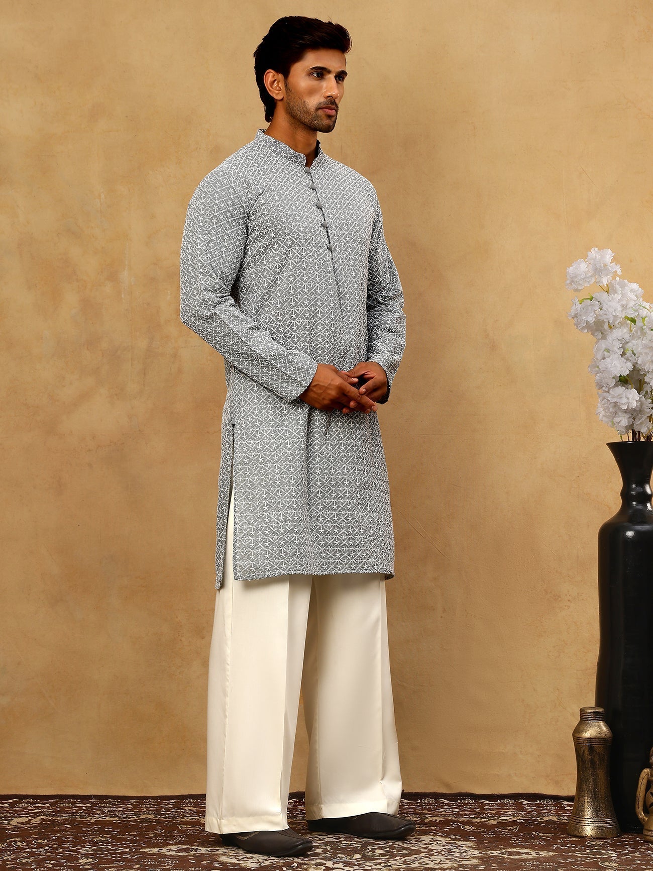 DesiQlo Men Embroidered Kurta Pyjama Set - Grey - JOKP_PJ11W_626Grey_S