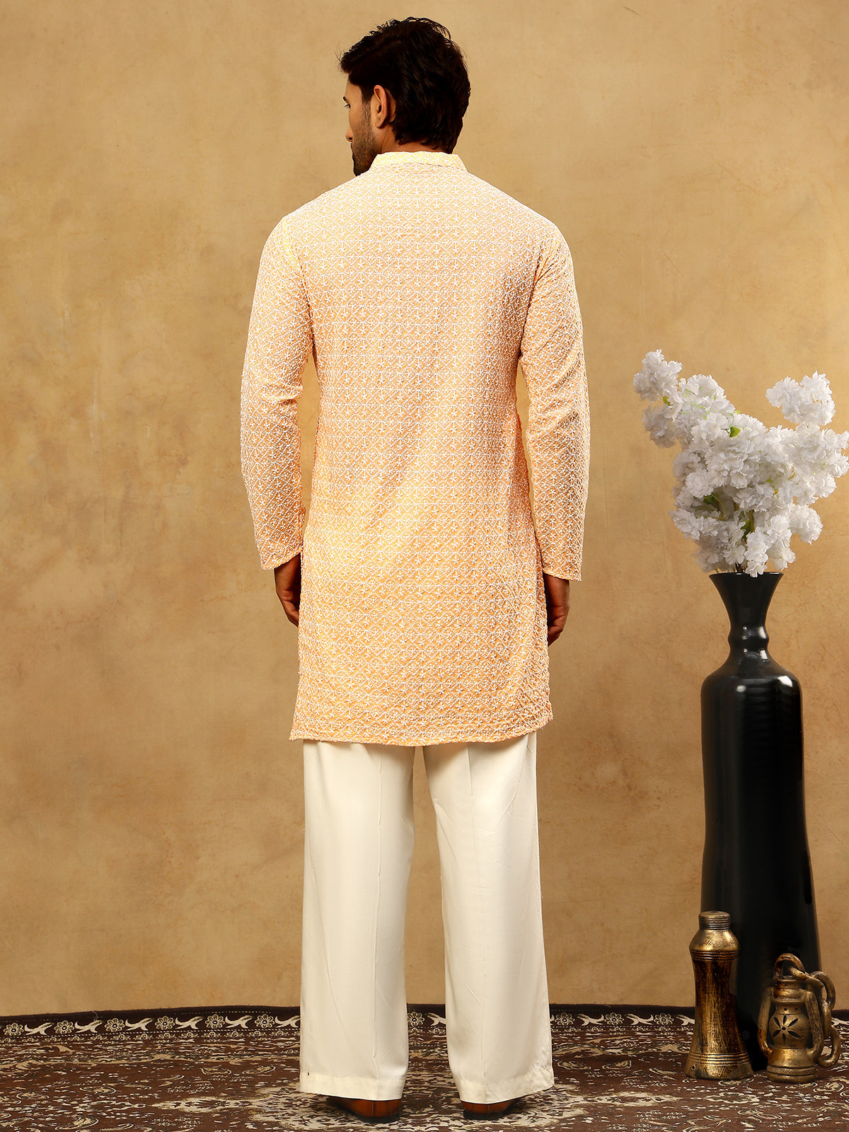 DesiQlo Men Embroidered Kurta Pyjama Set - Orange - JOKP_PJ11W_626Oran