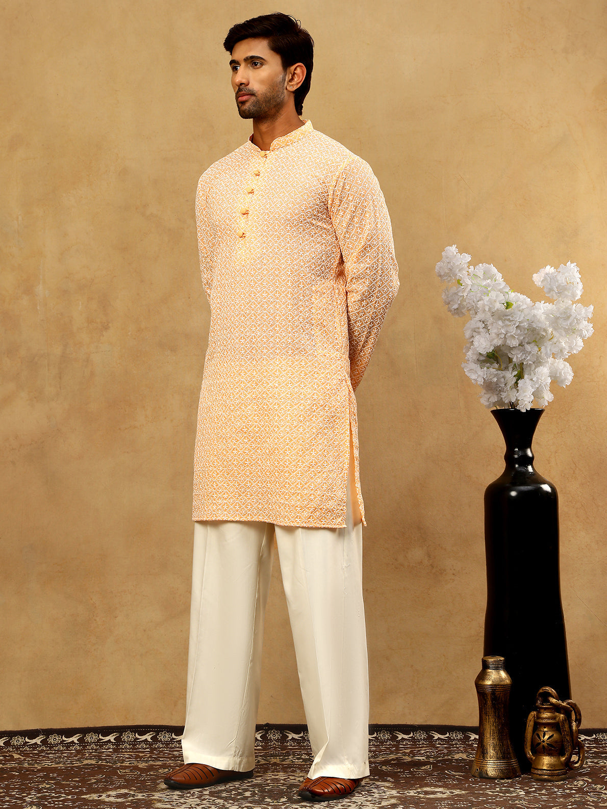 DesiQlo Men Embroidered Kurta Pyjama Set - Orange - JOKP_PJ11W_626Oran