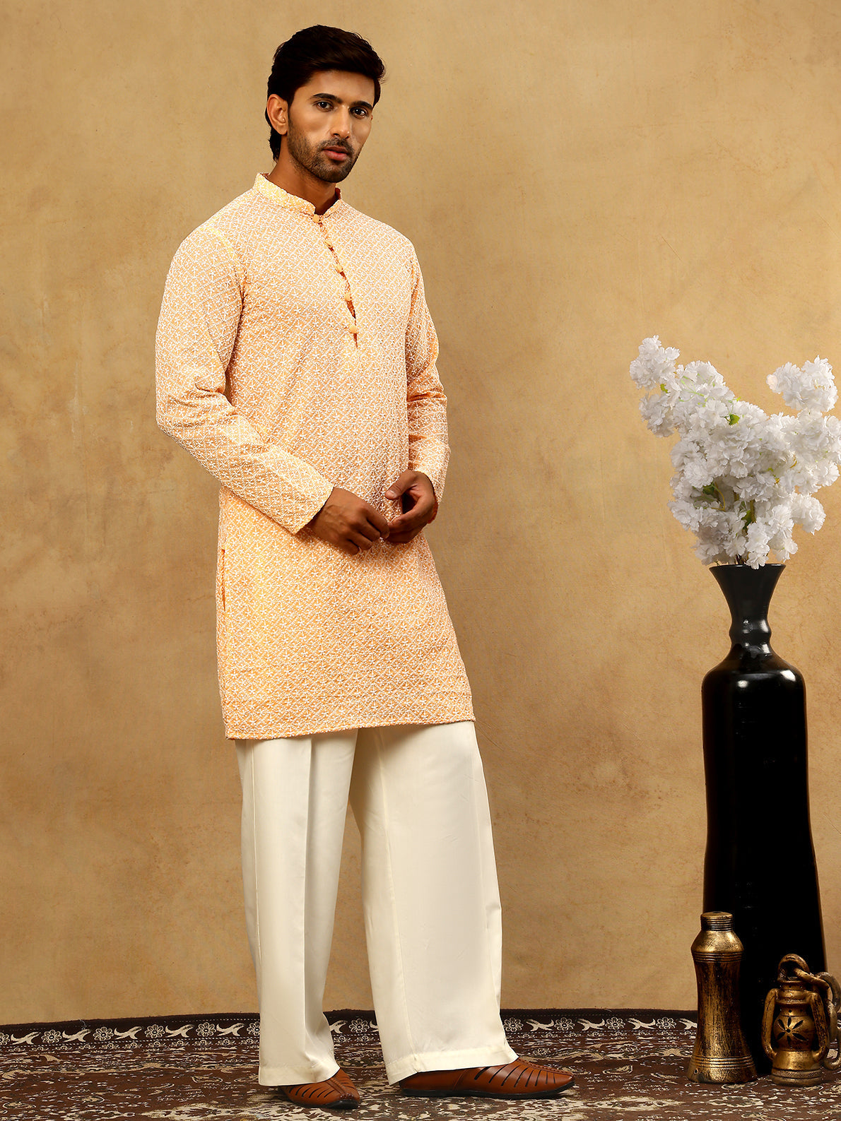 DesiQlo Men Embroidered Kurta Pyjama Set - Orange - JOKP_PJ11W_626Oran