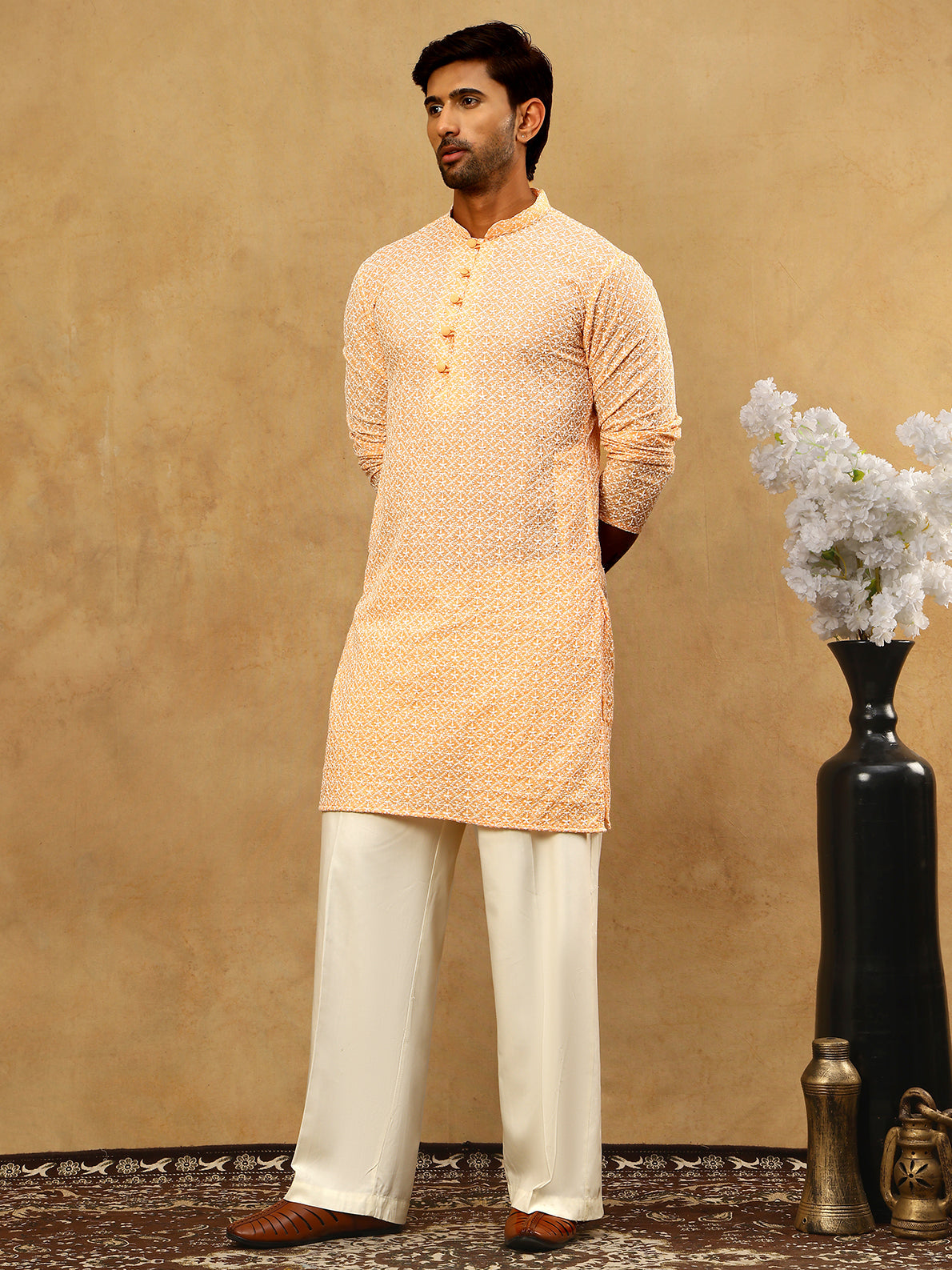 DesiQlo Men Embroidered Kurta Pyjama Set - Orange - JOKP_PJ11W_626Oran