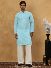 Men’s Chikankari Cotton Kurta Pyjama Set ( JOKP PJ11W 626Sky )