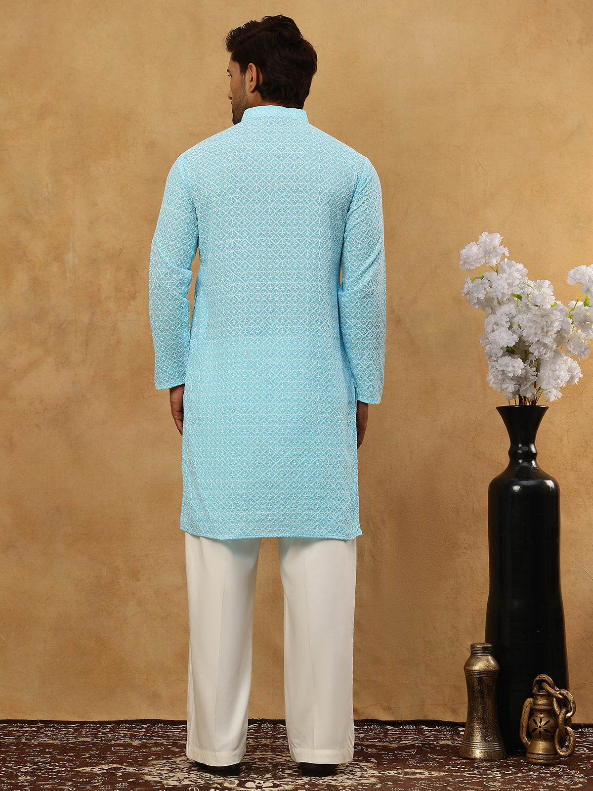 DesiQlo Men Embroidered Kurta Pyjama Set - Blue - JOKP_PJ11W_626Sky_S