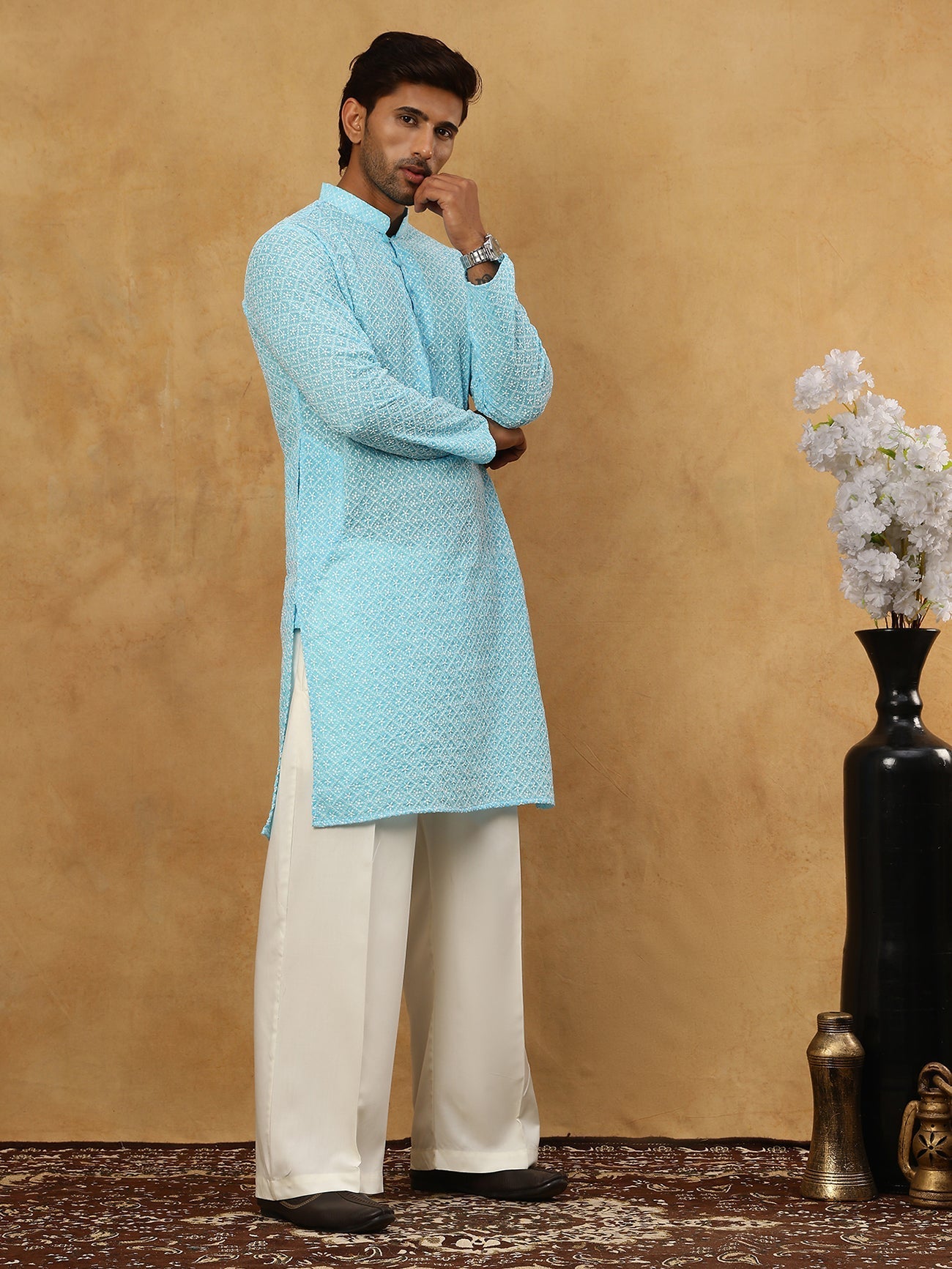 DesiQlo Men Embroidered Kurta Pyjama Set - Blue - JOKP_PJ11W_626Sky_S