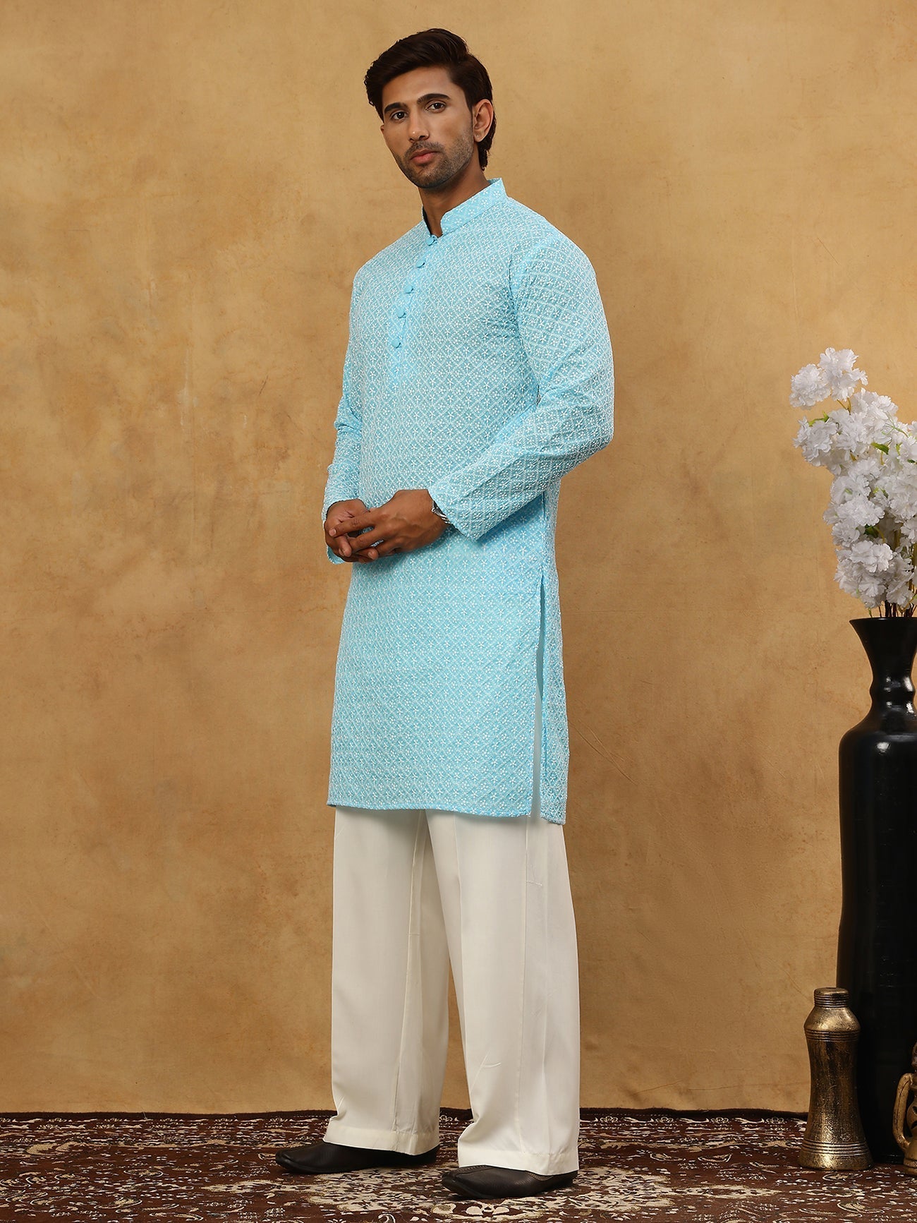 DesiQlo Men Embroidered Kurta Pyjama Set - Blue - JOKP_PJ11W_626Sky_S