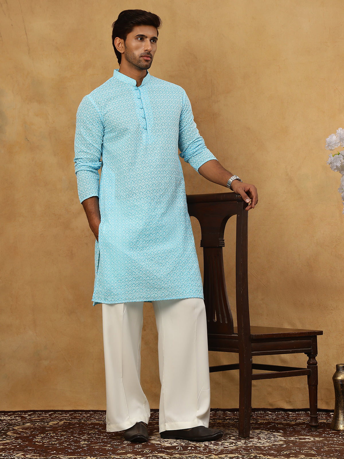 DesiQlo Men Embroidered Kurta Pyjama Set - Blue - JOKP_PJ11W_626Sky_S