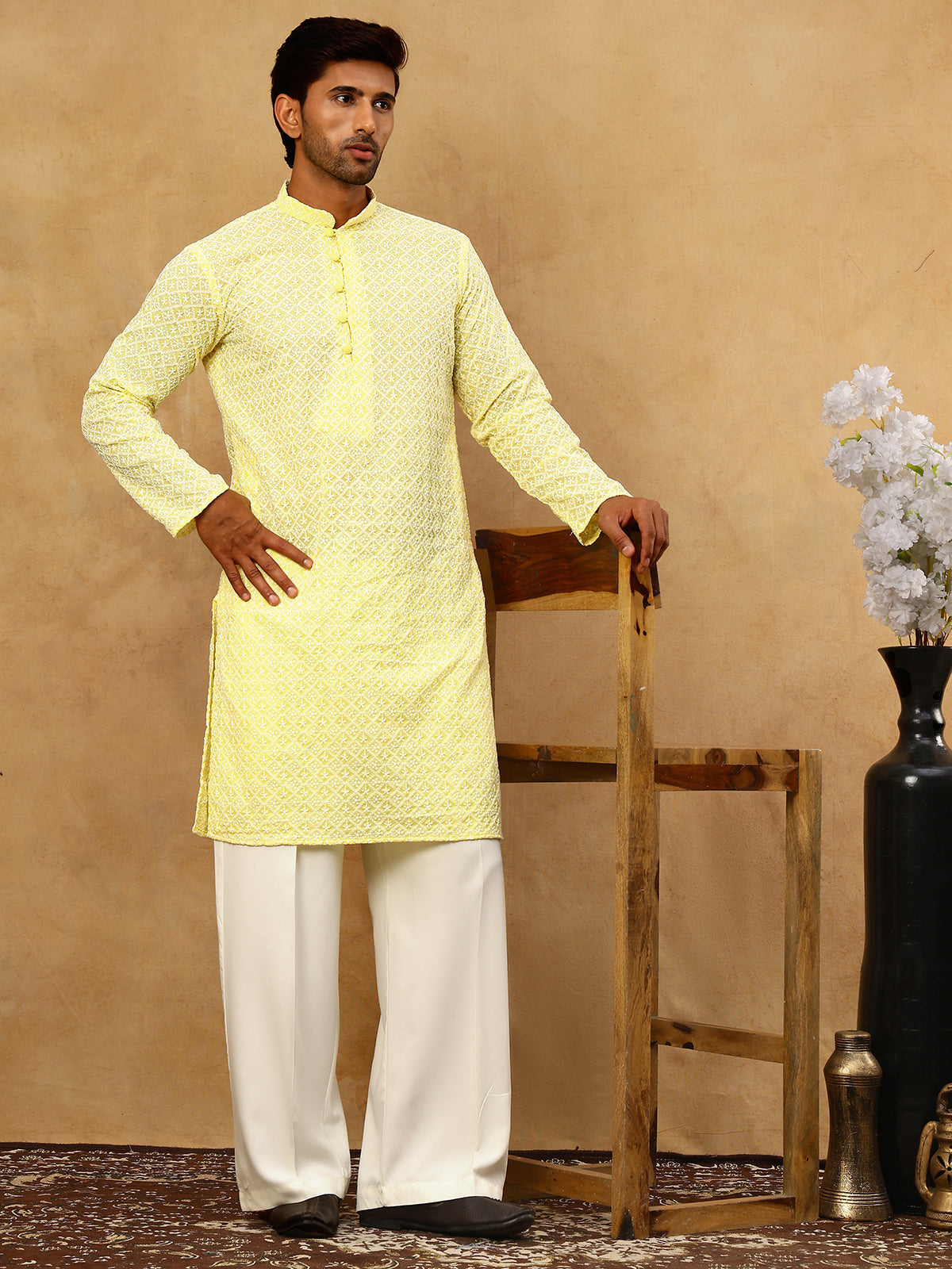 DesiQlo Men Embroidered Kurta Pyjama Set - Yellow - JOKP_PJ11W_626Yell