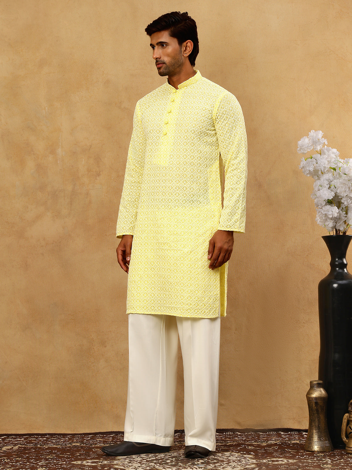DesiQlo Men Embroidered Kurta Pyjama Set - Yellow - JOKP_PJ11W_626Yell