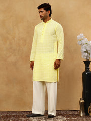 Men’s Chikankari Cotton Kurta Pyjama Set ( JOKP PJ11W 626Yellow )
