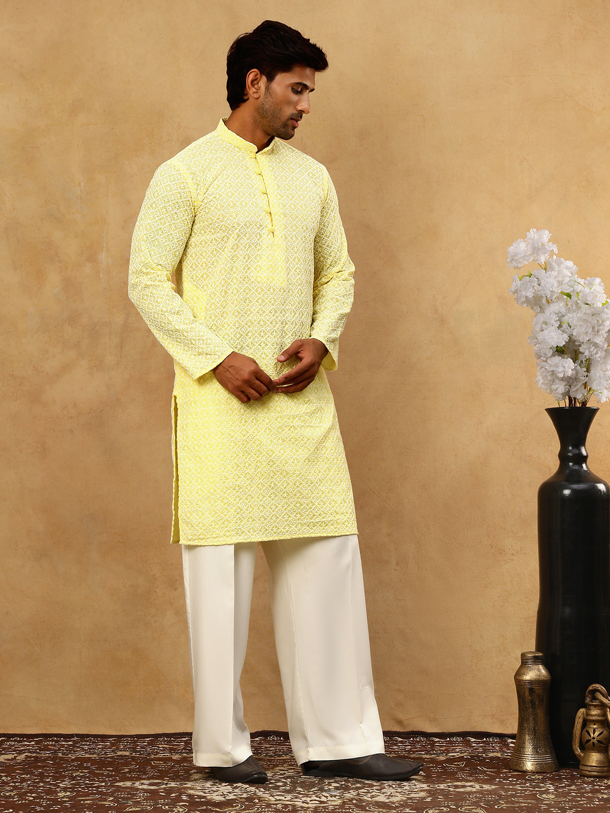 DesiQlo Men Embroidered Kurta Pyjama Set - Yellow - JOKP_PJ11W_626Yell