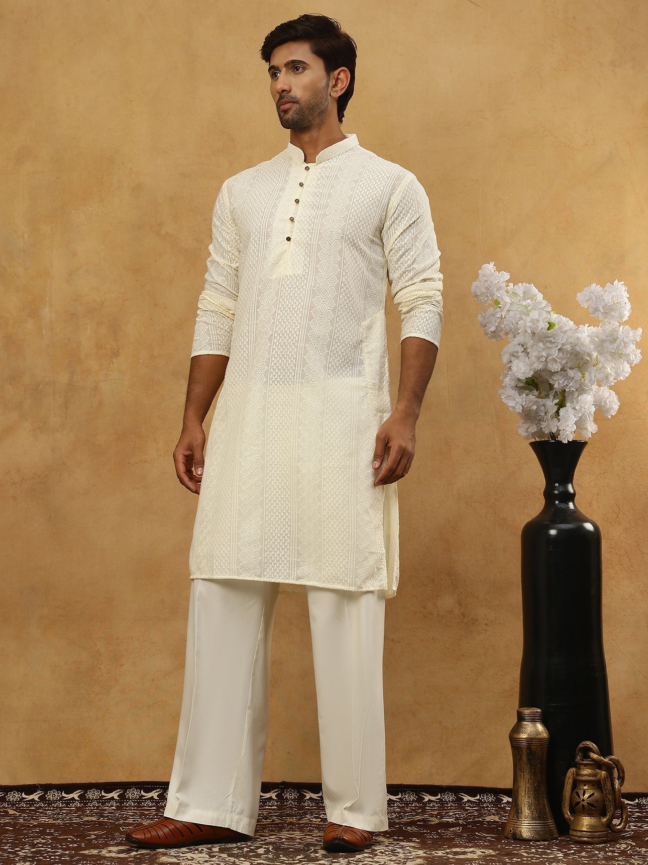 DesiQlo Men Embroidered Kurta Pyjama Set - Beige - JOKP_PJ11W_640Cream