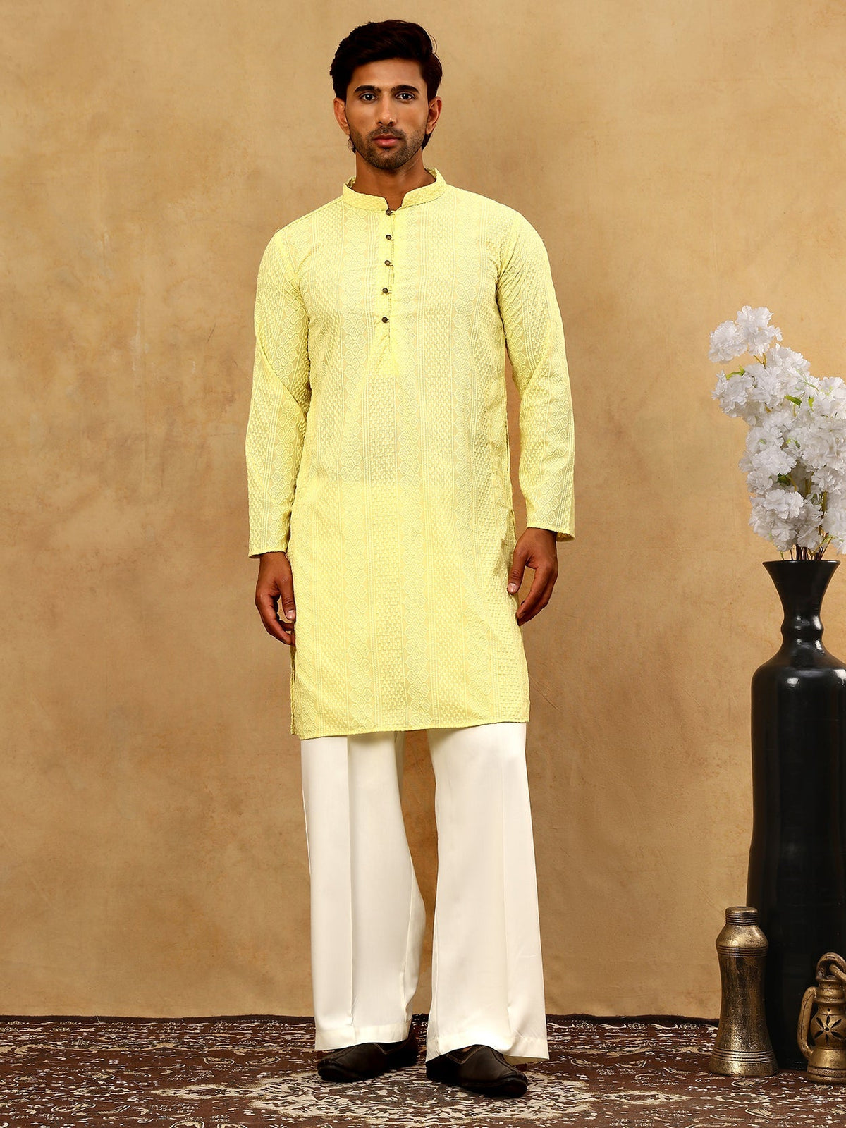 Chikankari Embroidered Kurta Pyjama Set ( JOKP PJ11W 640Lemon )