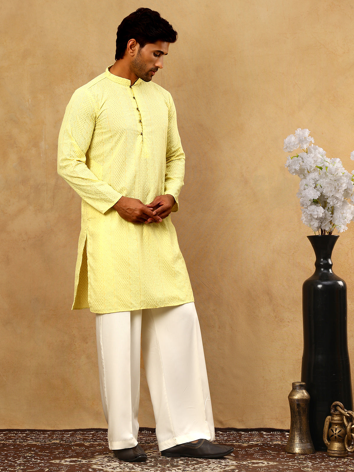 DesiQlo Men Embroidered Kurta Pyjama Set - Yellow - JOKP_PJ11W_640Lemo