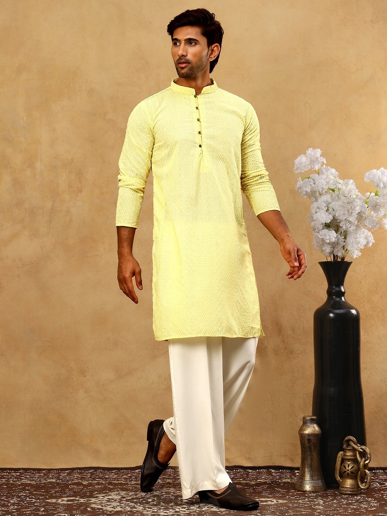 DesiQlo Men Embroidered Kurta Pyjama Set - Yellow - JOKP_PJ11W_640Lemo