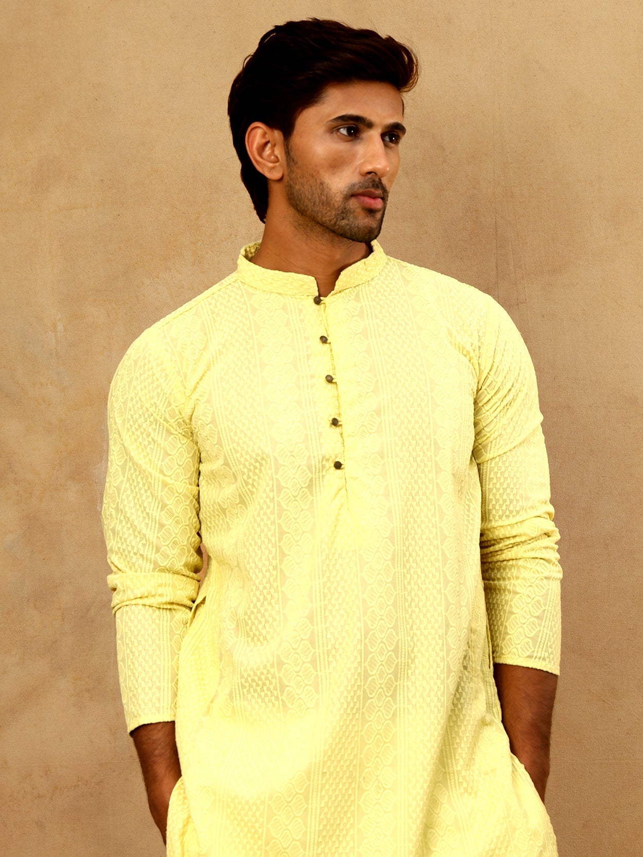 DesiQlo Men Embroidered Kurta Pyjama Set - Yellow - JOKP_PJ11W_640Lemo