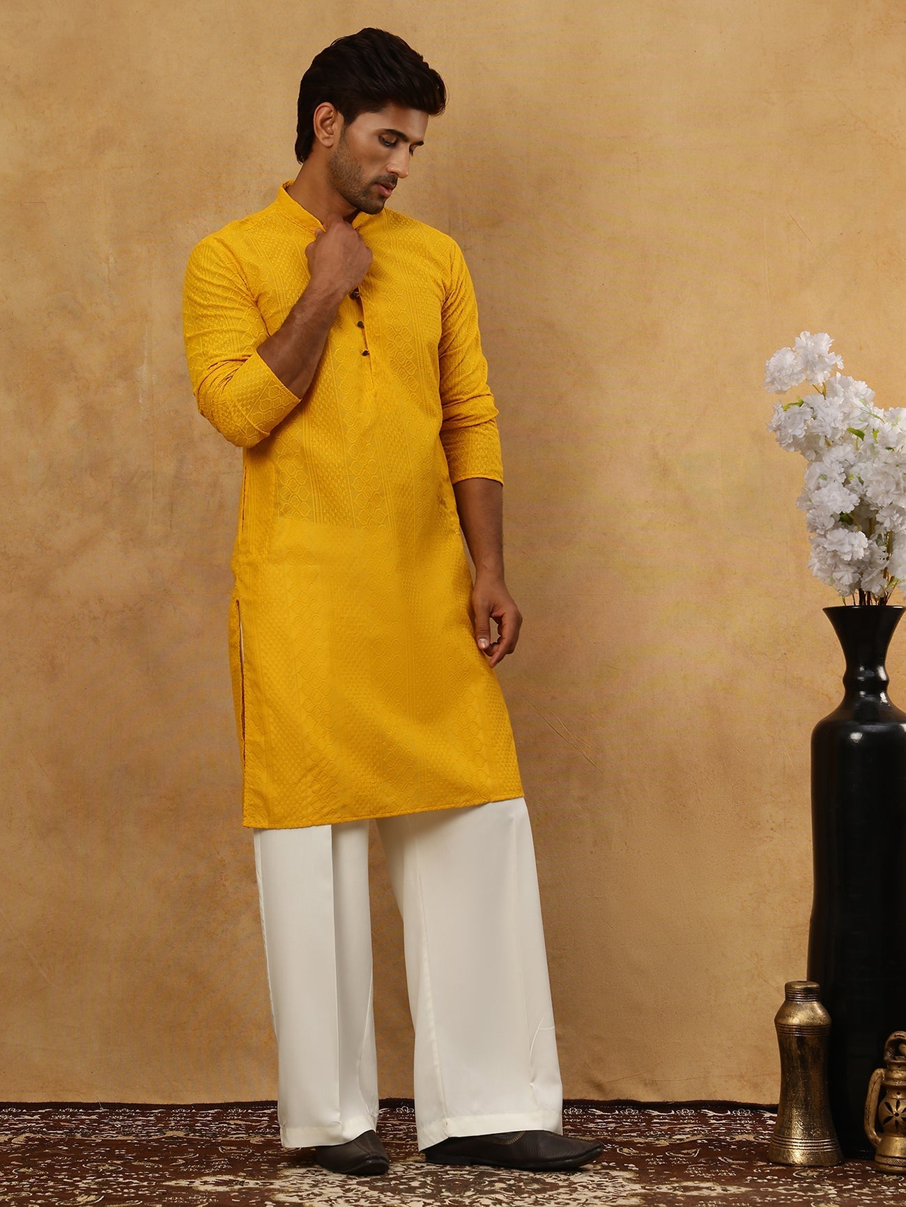 DesiQlo Men Embroidered Kurta Pyjama Set - Yellow - JOKP_PJ11W_640Must