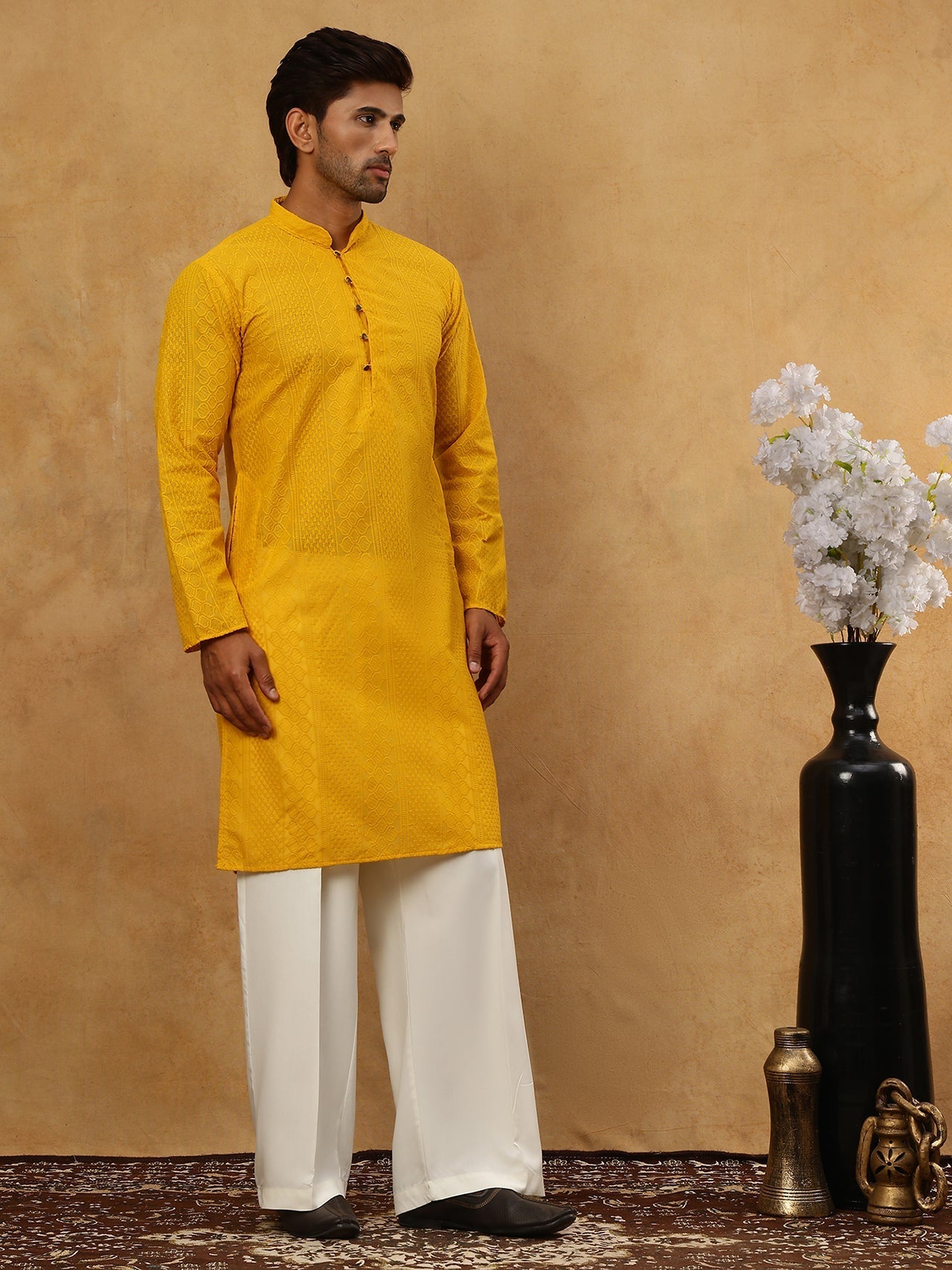 DesiQlo Men Embroidered Kurta Pyjama Set - Yellow - JOKP_PJ11W_640Must