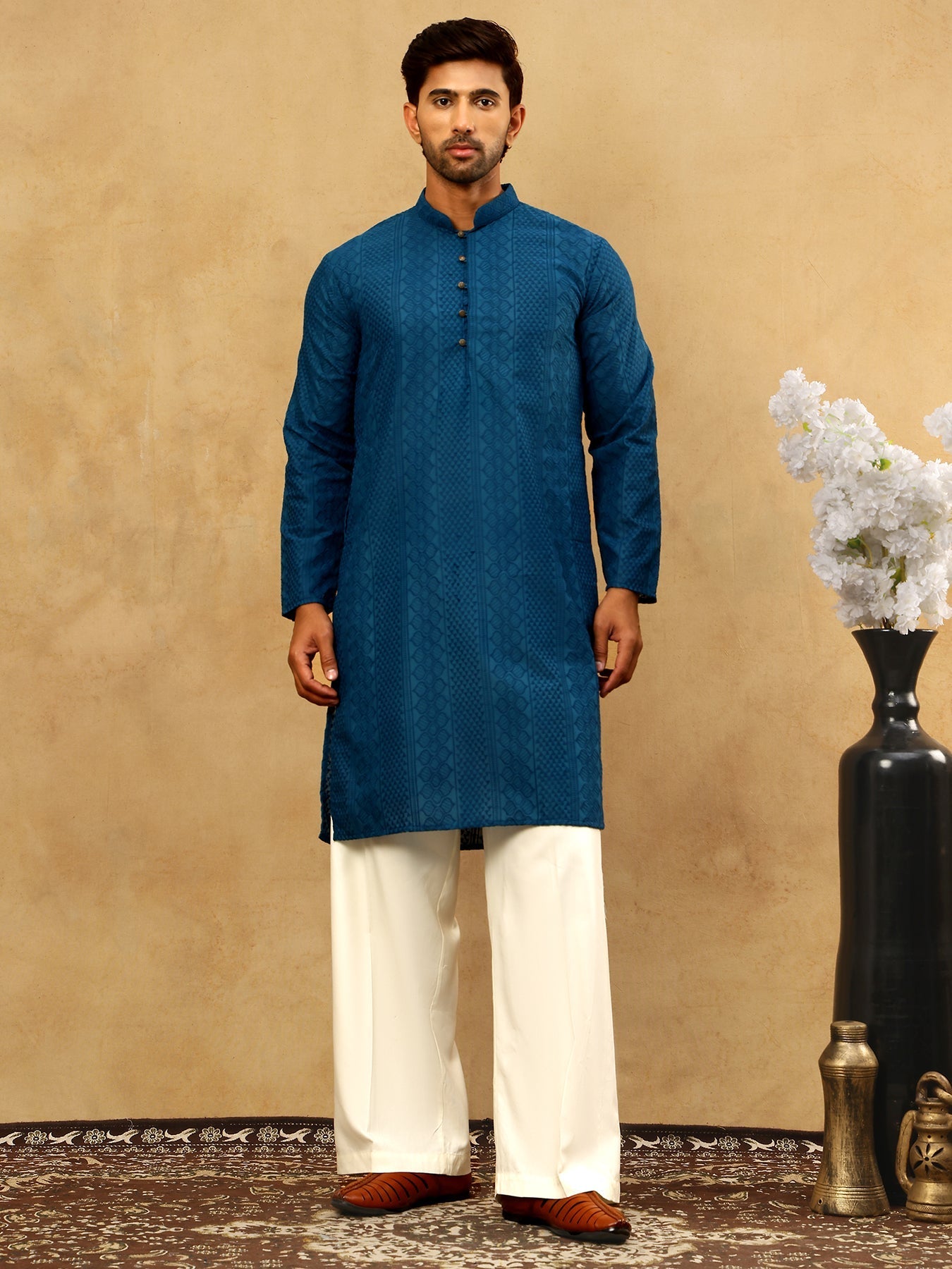 DesiQlo Men Embroidered Kurta Pyjama Set - Green - JOKP_PJ11W_640Teal_