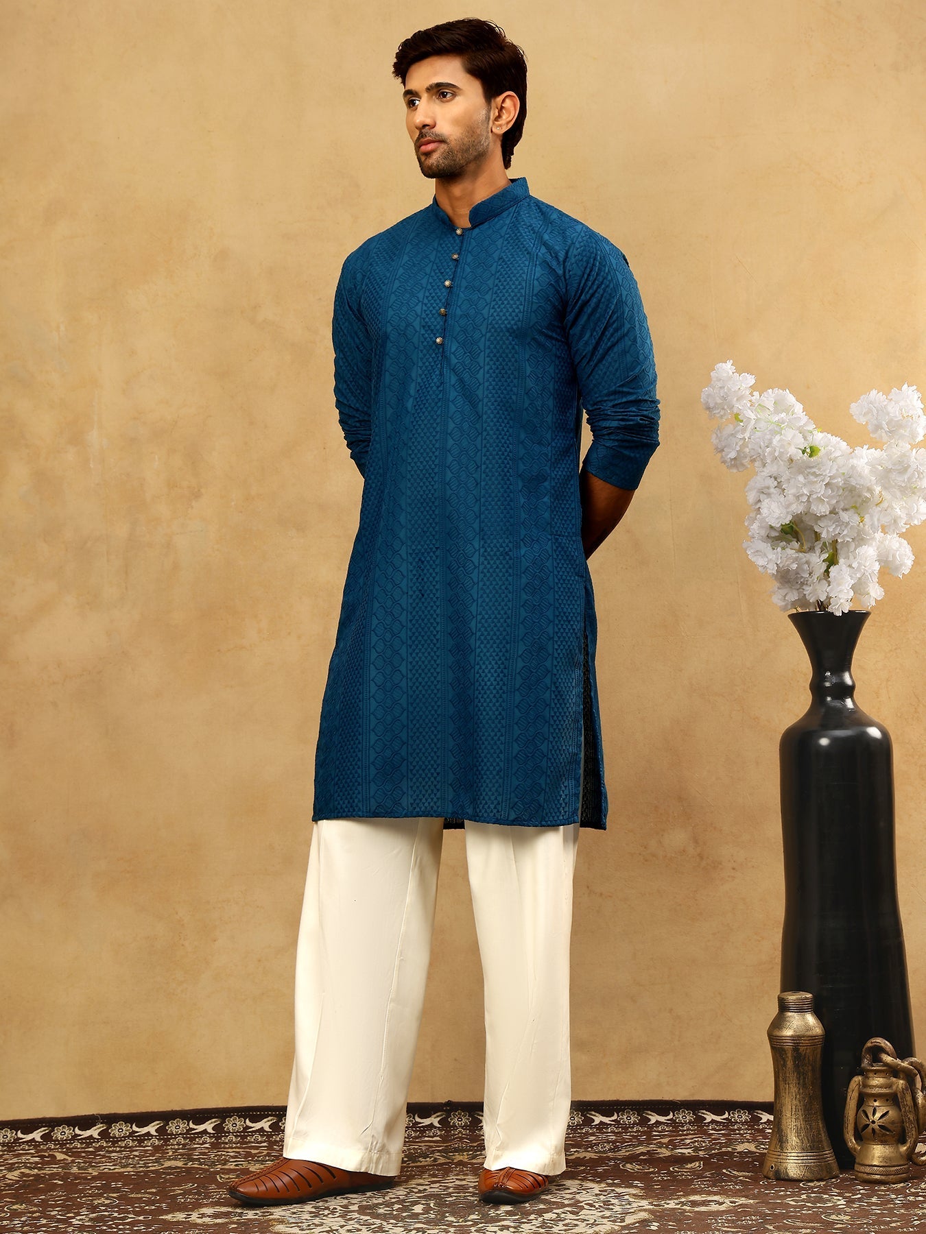 DesiQlo Men Embroidered Kurta Pyjama Set - Green - JOKP_PJ11W_640Teal_