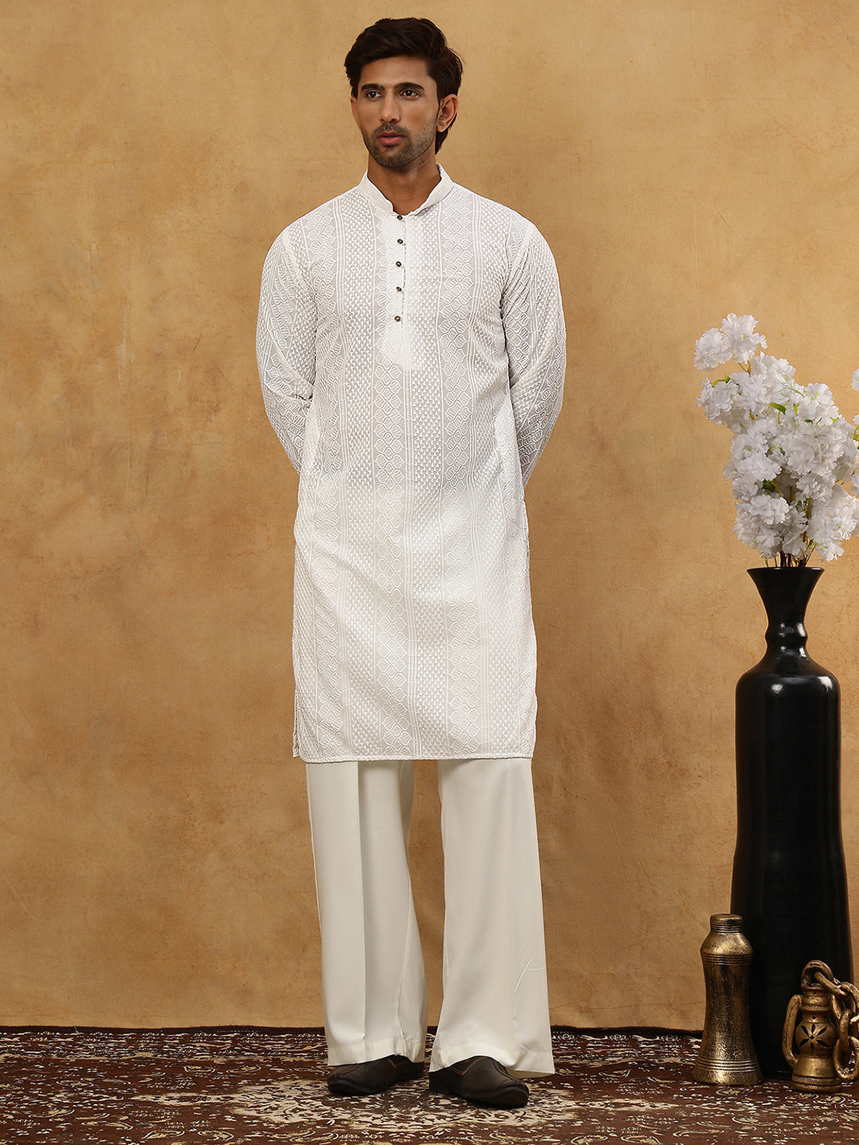 DesiQlo Men Embroidered Kurta Pyjama Set - White - JOKP_PJ11W_640White