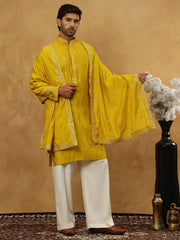 Silk Blend Embroidered Kurta Pyjama with Dupatta ( JOKP PJ11W D 5088Mustard )
