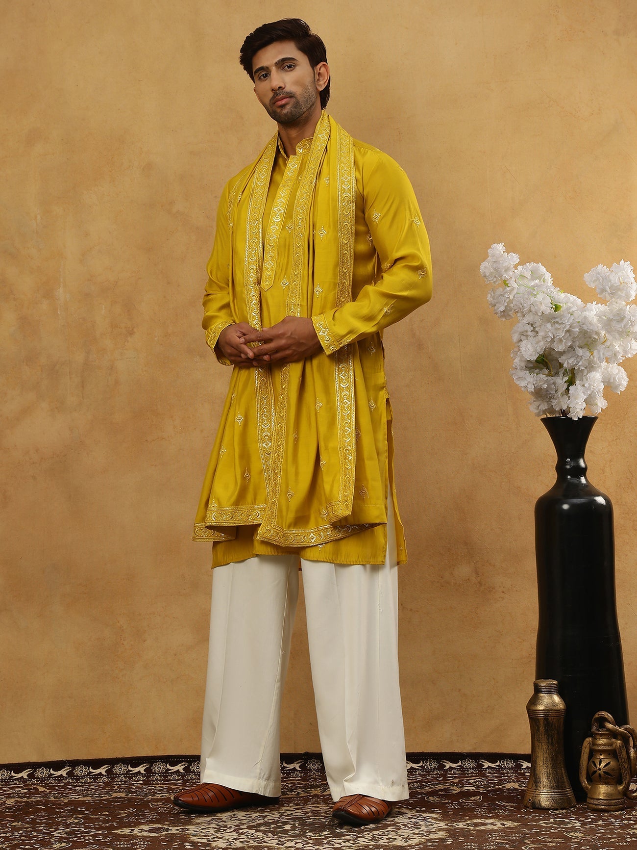 DesiQlo Men Embroidered Kurta Pyjama Set - Yellow - JOKP_PJ11W_D_5088M