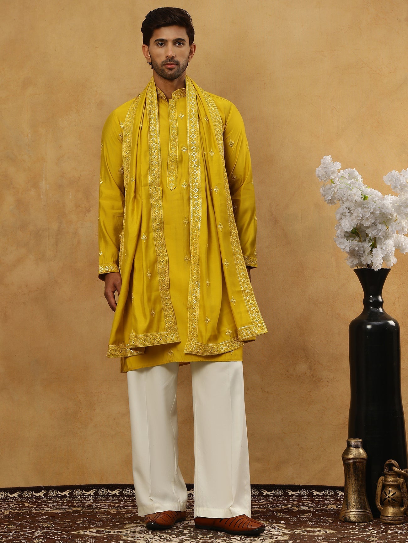 DesiQlo Men Embroidered Kurta Pyjama Set - Yellow - JOKP_PJ11W_D_5088M