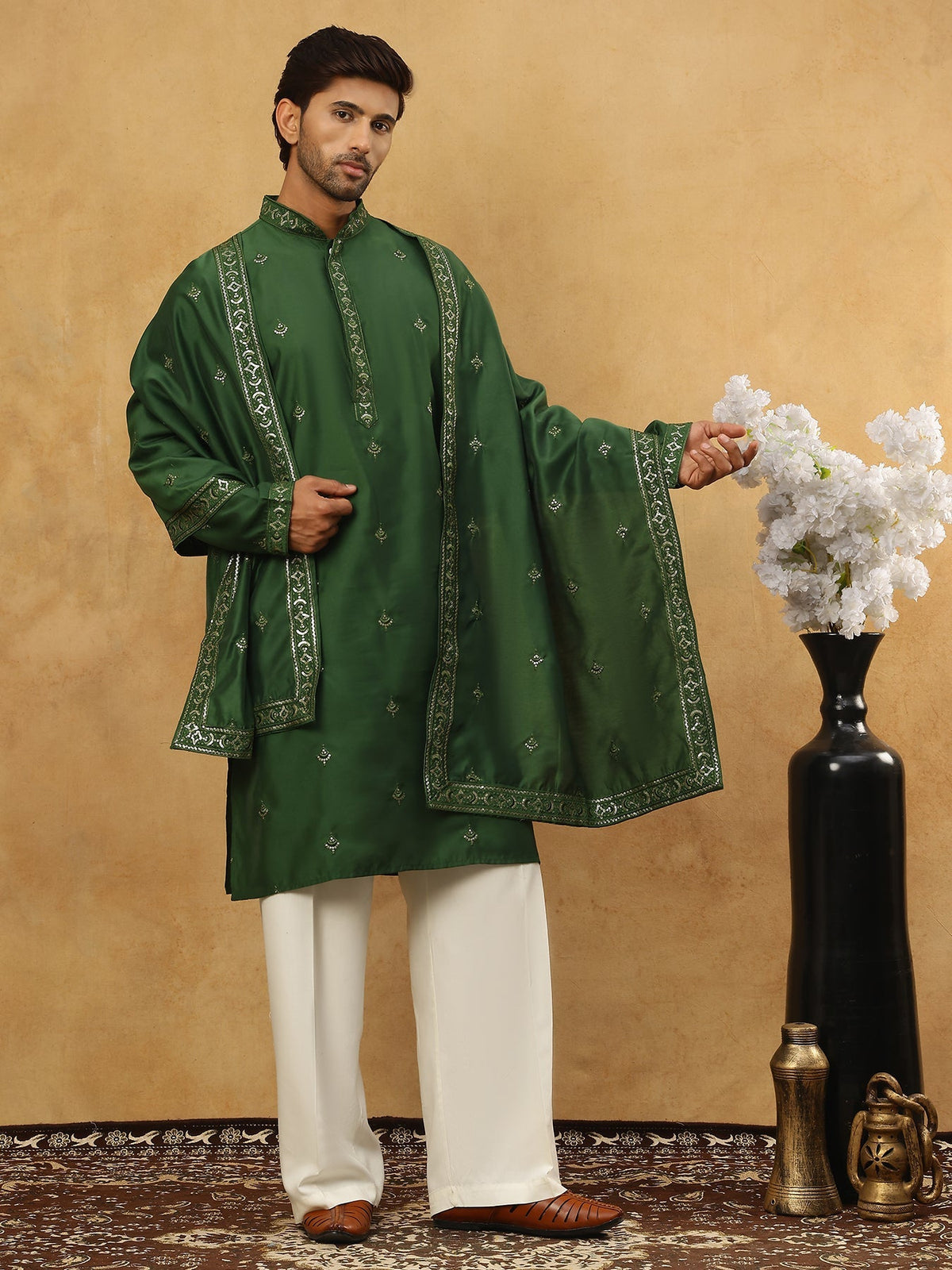 Silk Blend Embroidered Kurta Pyjama with Dupatta ( JOKP PJ11W D 5088Olive )