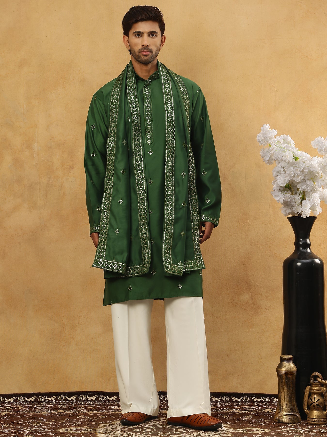 DesiQlo Men Embroidered Kurta Pyjama Set - Green - JOKP_PJ11W_D_5088Ol