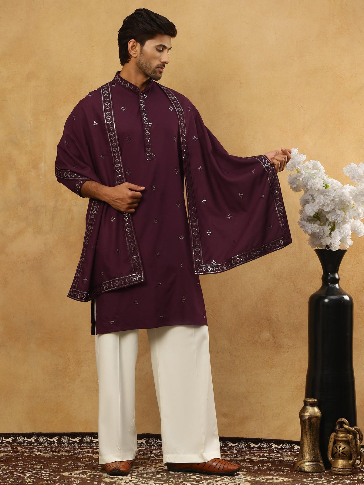 Silk Blend Embroidered Kurta Pyjama with Dupatta ( JOKP PJ11W D 5088Purple )