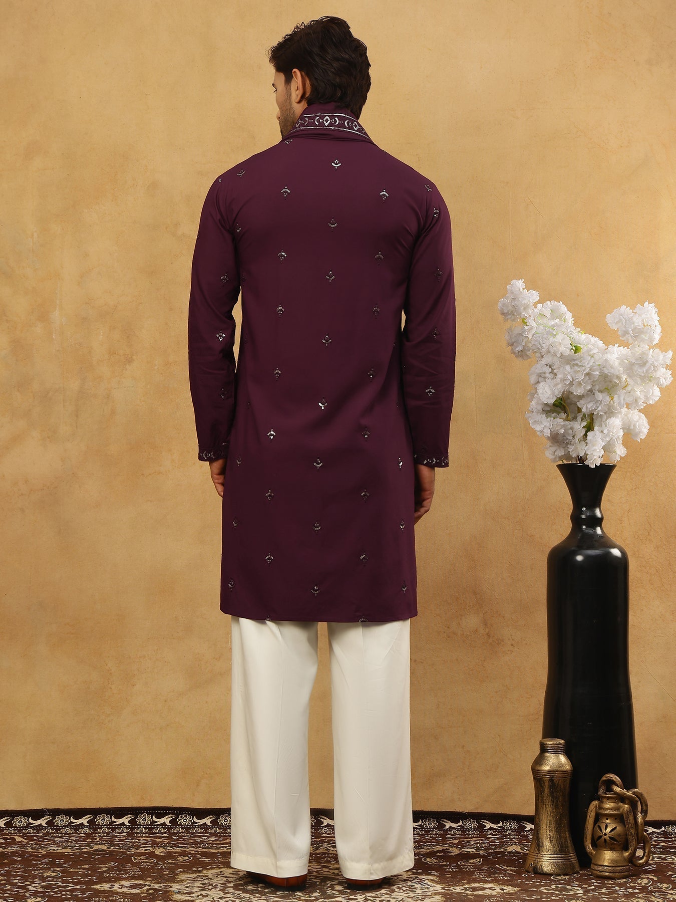 DesiQlo Men Embroidered Kurta Pyjama Set - Purple - JOKP_PJ11W_D_5088P