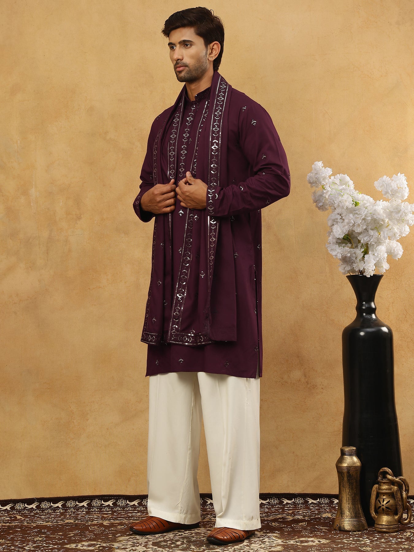 DesiQlo Men Embroidered Kurta Pyjama Set - Purple - JOKP_PJ11W_D_5088P