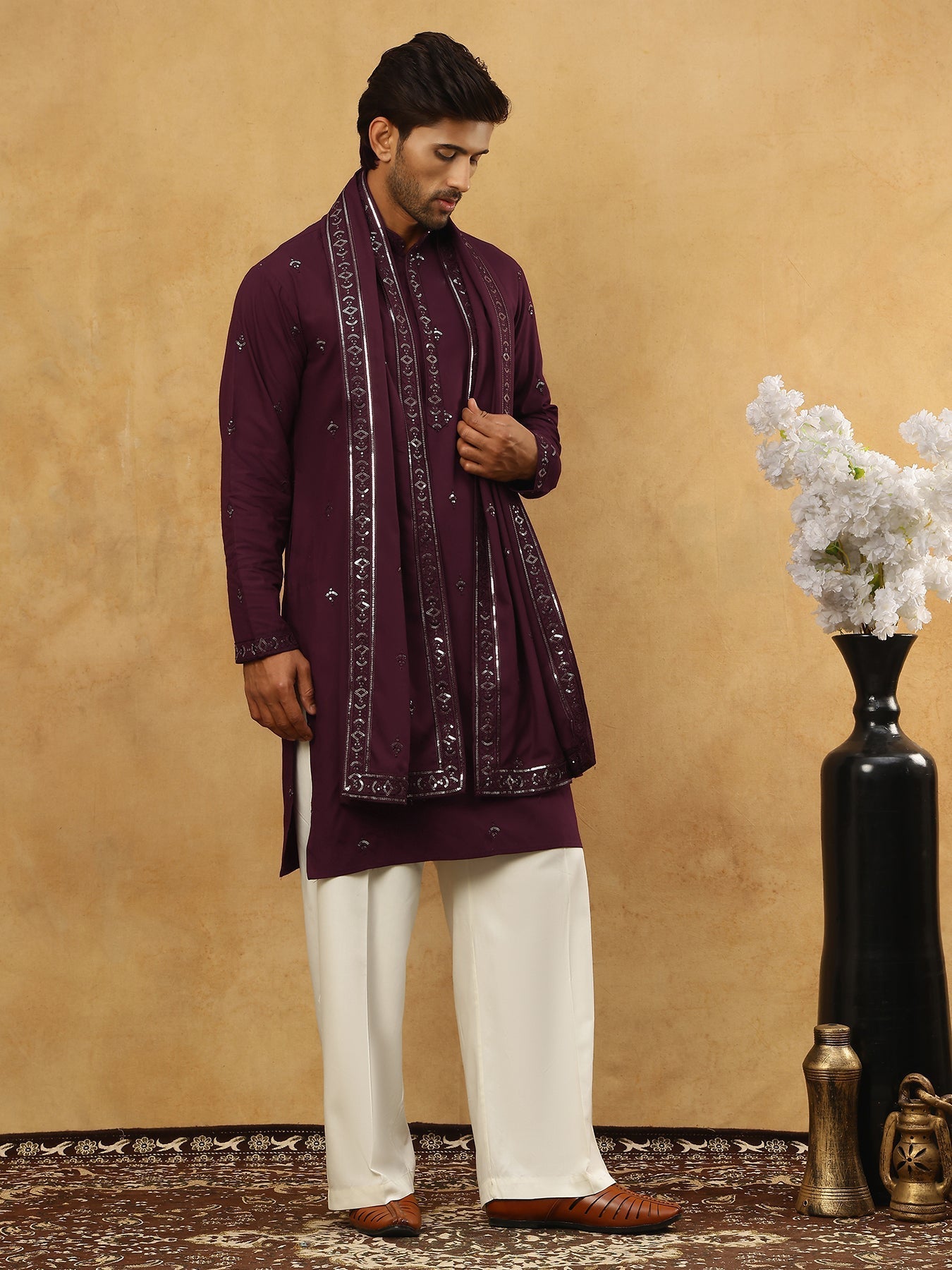 DesiQlo Men Embroidered Kurta Pyjama Set - Purple - JOKP_PJ11W_D_5088P