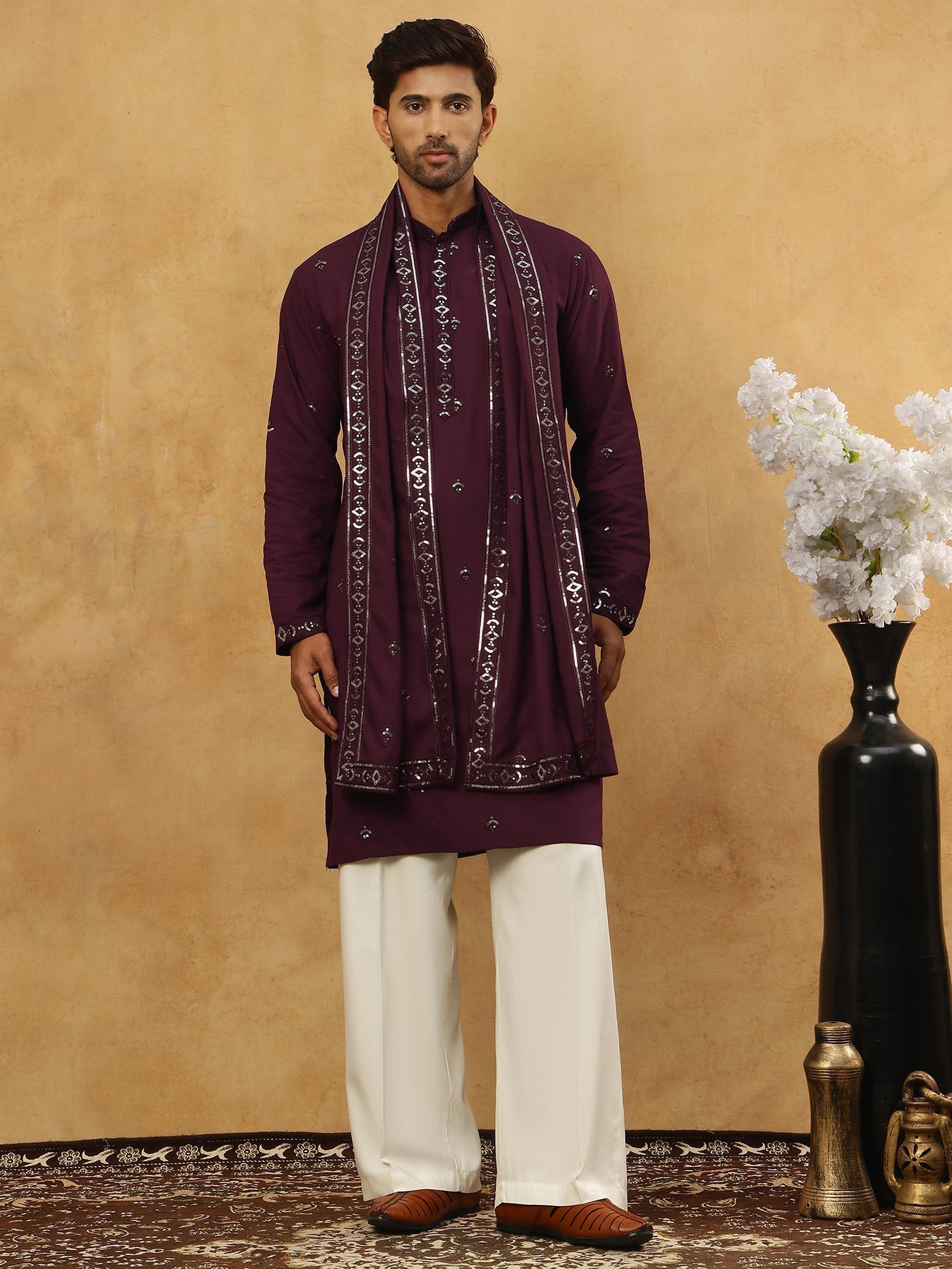 DesiQlo Men Embroidered Kurta Pyjama Set - Purple - JOKP_PJ11W_D_5088P