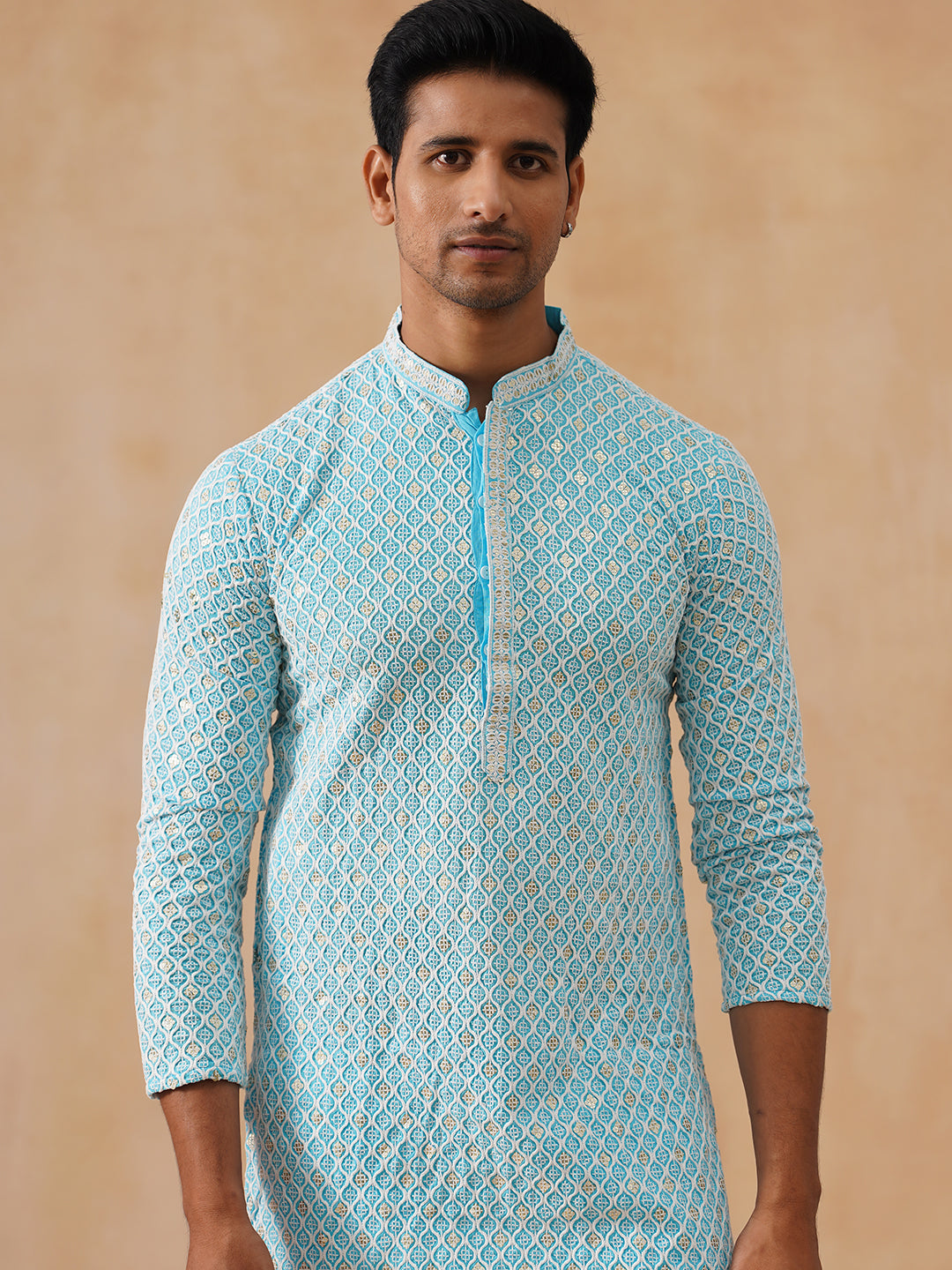 DesiQlo Men Embroidered Kurta Pyjama Set - Blue - JOKP_PJ11-W_5094Sky_