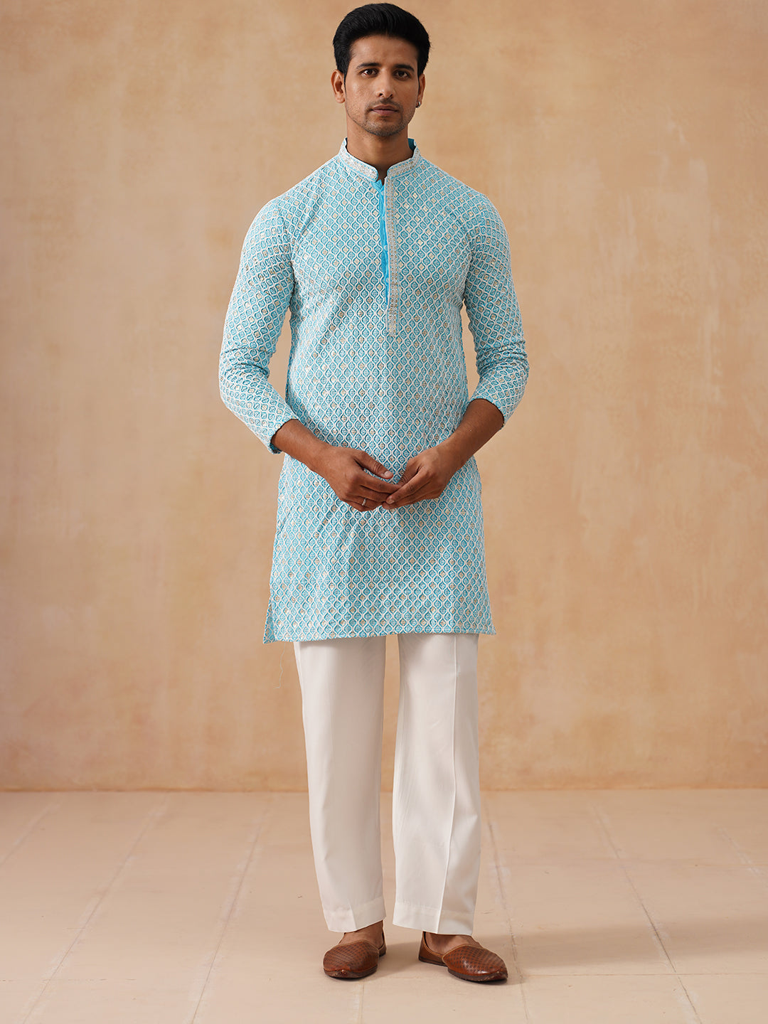 DesiQlo Men Embroidered Kurta Pyjama Set - Blue - JOKP_PJ11-W_5094Sky_