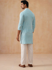 Men's Chikankari Embroidered and Sequence Kurta with Pyjama ( JOKP PJ11-W 5094 PJ11-W 5094Sky )