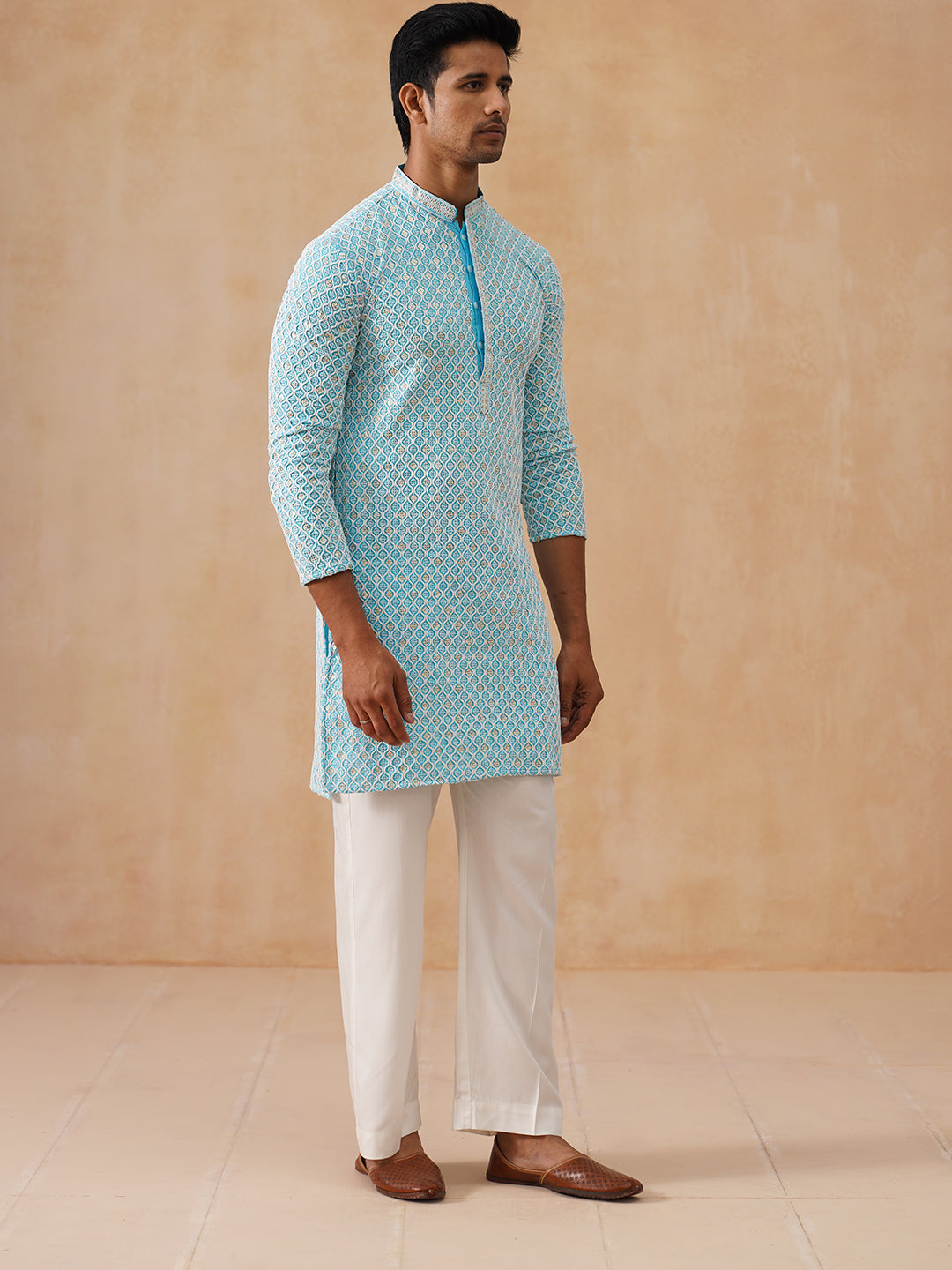 DesiQlo Men Embroidered Kurta Pyjama Set - Blue - JOKP_PJ11-W_5094Sky_