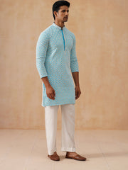 Men's Chikankari Embroidered and Sequence Kurta with Pyjama ( JOKP PJ11-W 5094 PJ11-W 5094Sky )