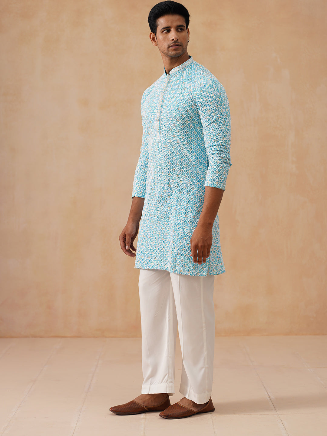 DesiQlo Men Embroidered Kurta Pyjama Set - Blue - JOKP_PJ11-W_5094Sky_