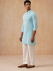 Men's Chikankari Embroidered and Sequence Kurta with Pyjama ( JOKP PJ11-W 5094 PJ11-W 5094Sky )