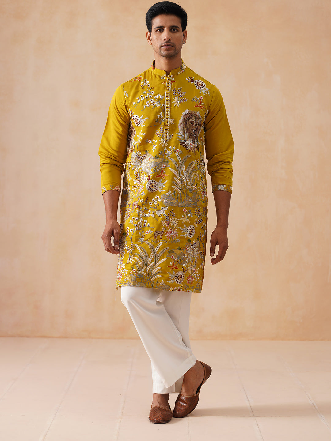 DesiQlo Men Embroidered Kurta Pyjama Set - Yellow - JOKP_PJ11-W_5138Mu