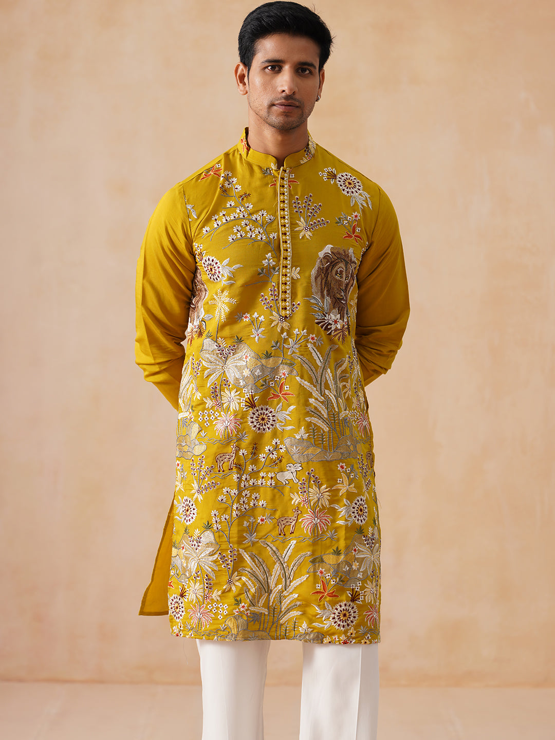 DesiQlo Men Embroidered Kurta Pyjama Set - Yellow - JOKP_PJ11-W_5138Mu