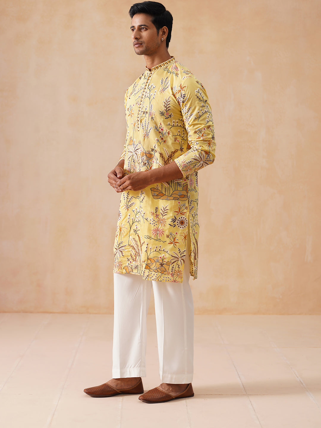 DesiQlo Men Embroidered Kurta Pyjama Set - Yellow - JOKP_PJ11-W_5156Ye