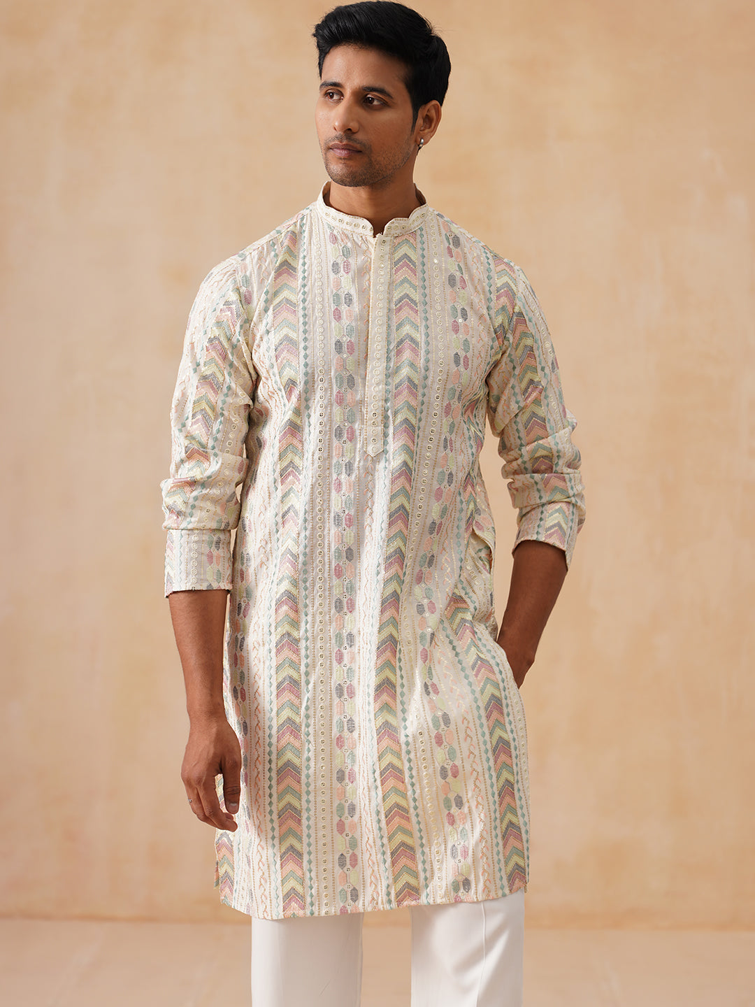 DesiQlo Men Embroidered Kurta Pyjama Set - White - JOKP_PJ11-W_5161Whi