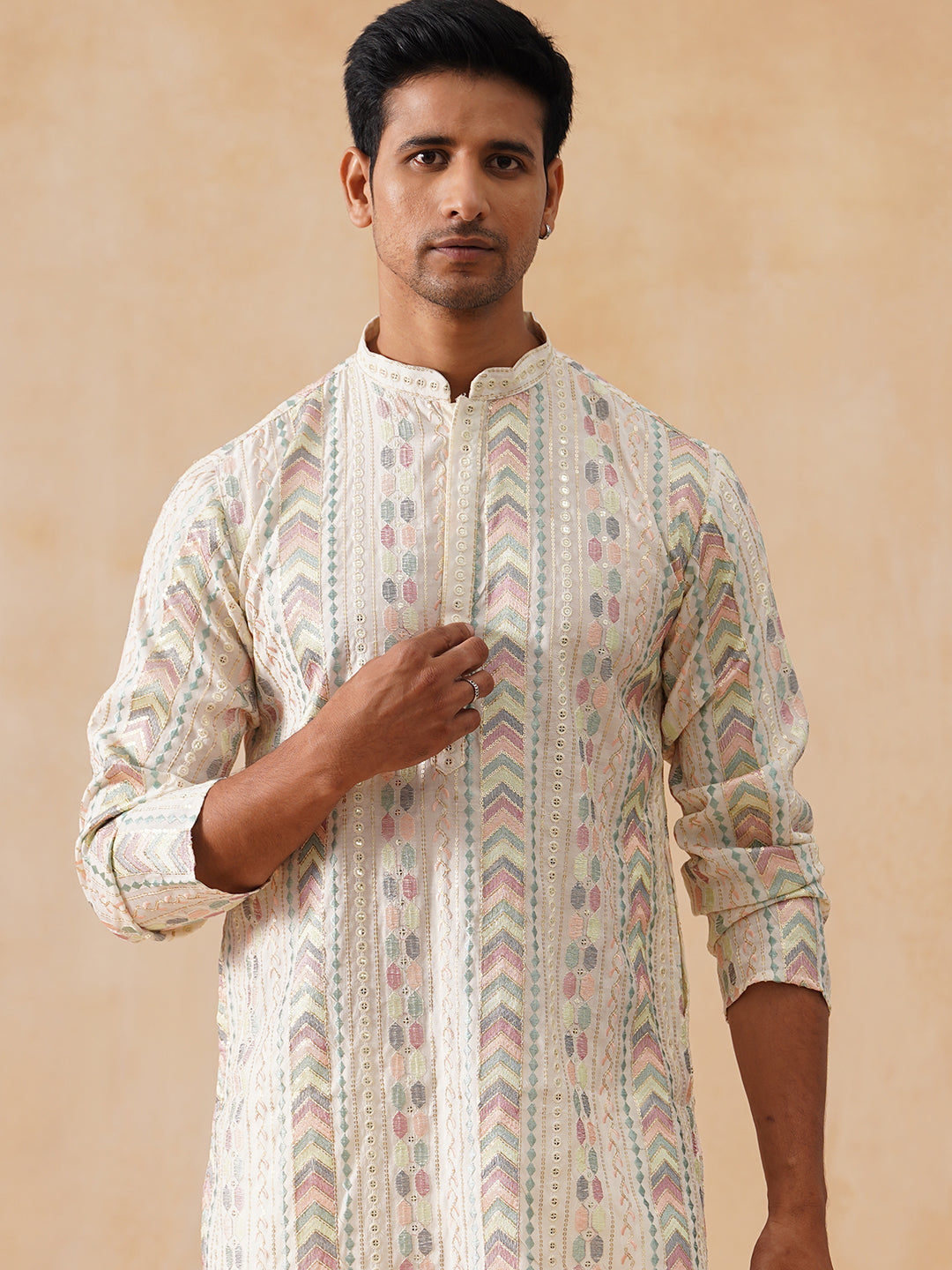 DesiQlo Men Embroidered Kurta Pyjama Set - White - JOKP_PJ11-W_5161Whi