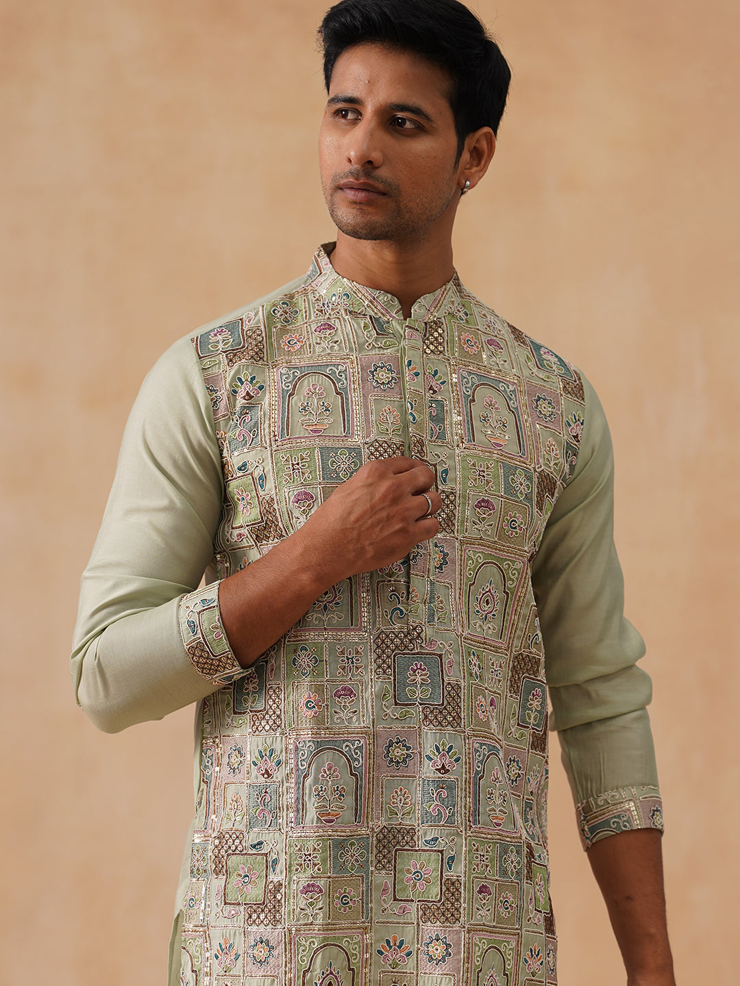 Embroidered Straight Kurta Set For Men ( JOKP PJ11-W 5174 PJ11-W 5174Pista )